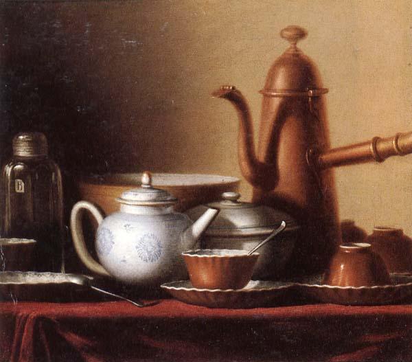 unknow artist Still life of a chocolate pot,teapot,sucrier,bowl,teajar,tea cups and saucers,and silver spoons,all upon a draped table top France oil painting art